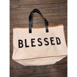 Faithworks Blessed Canvas Tote Bag Black Leather Straps‎ Large